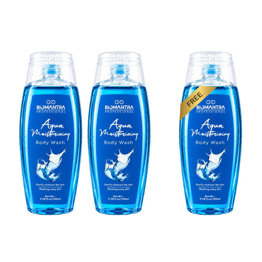 BIOMANTRA Aqua Body Wash Pack of 2 + 1 Free | Rejuvenating & Soothing Body Cleanser | Helps Improve Skin Texture | Moisturizing Daily Shower Gel for Soft & Healthy Looking Skin | 300ml (100 x 3)