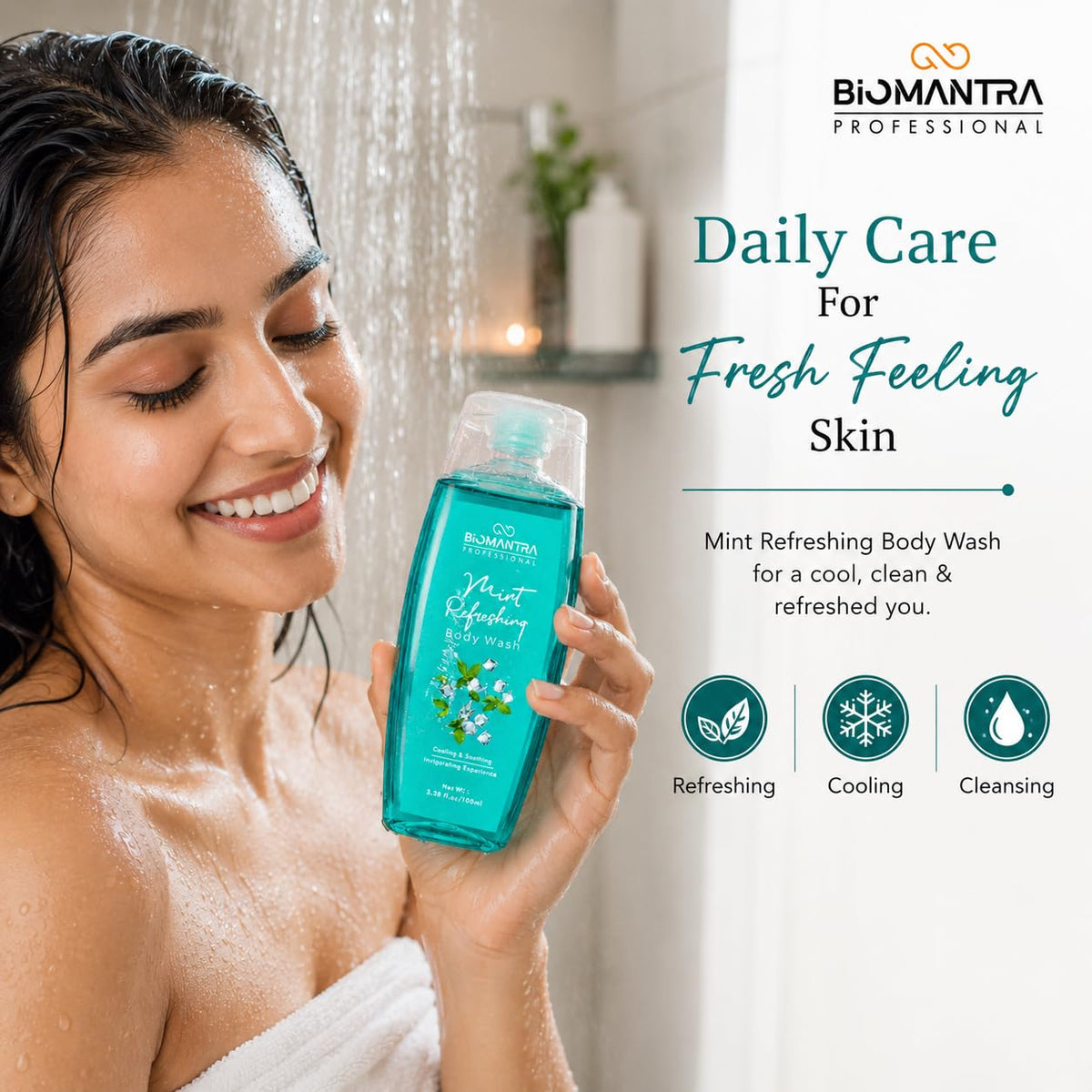 Biomantra Professional Mint Refreshing Body Wash | Cooling & Soothing Formula | Cleanses, Hydrates & Refreshes Skin | Mint Extract & Sweet Almond Oil | Daily Use Body Cleanser | 100ml
