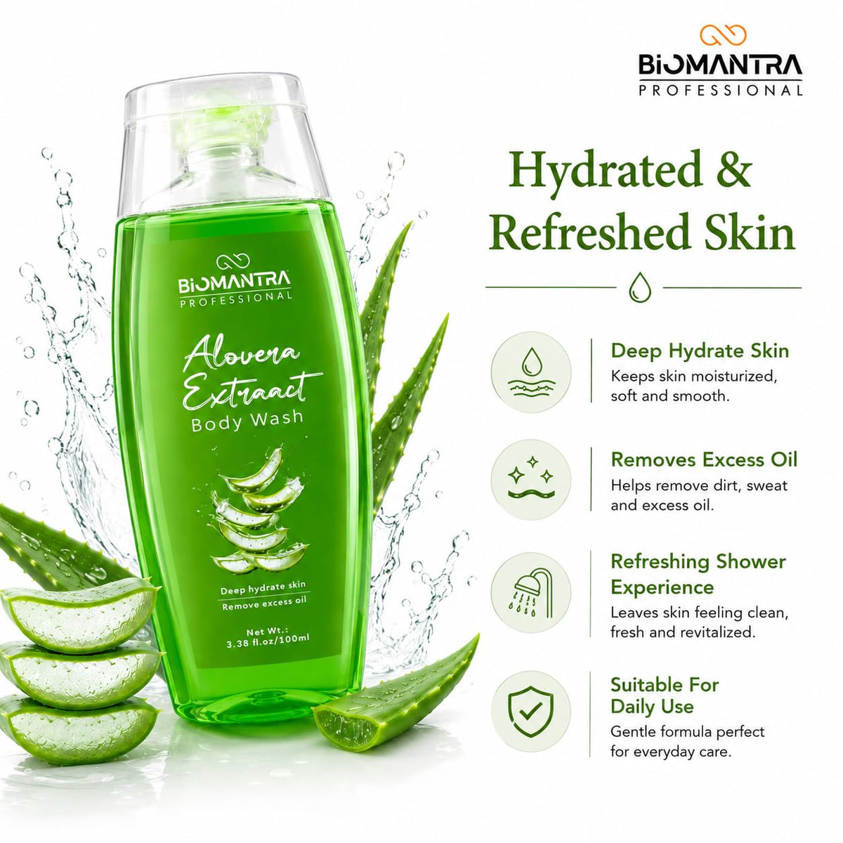 BIOMANTRA Body Wash Pack of 2 + 1 Free | Rejuvenating & Soothing Body Cleanser | Helps Improve Skin Texture | Moisturizing Daily Shower Gel for Soft & Healthy Looking Skin | 300ml (100 x 3)