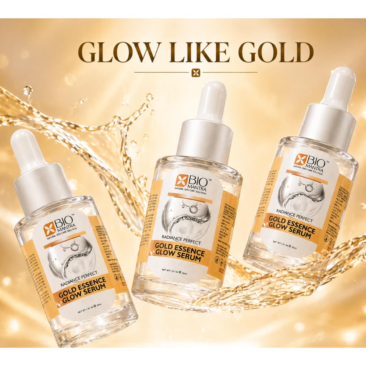 BIOMANTRA Gold Essence Glow Serum for Face with Collagen & Vitamin E | Hydrating Anti-Ageing Skin Brightening Serum for Men & Women | 30ml