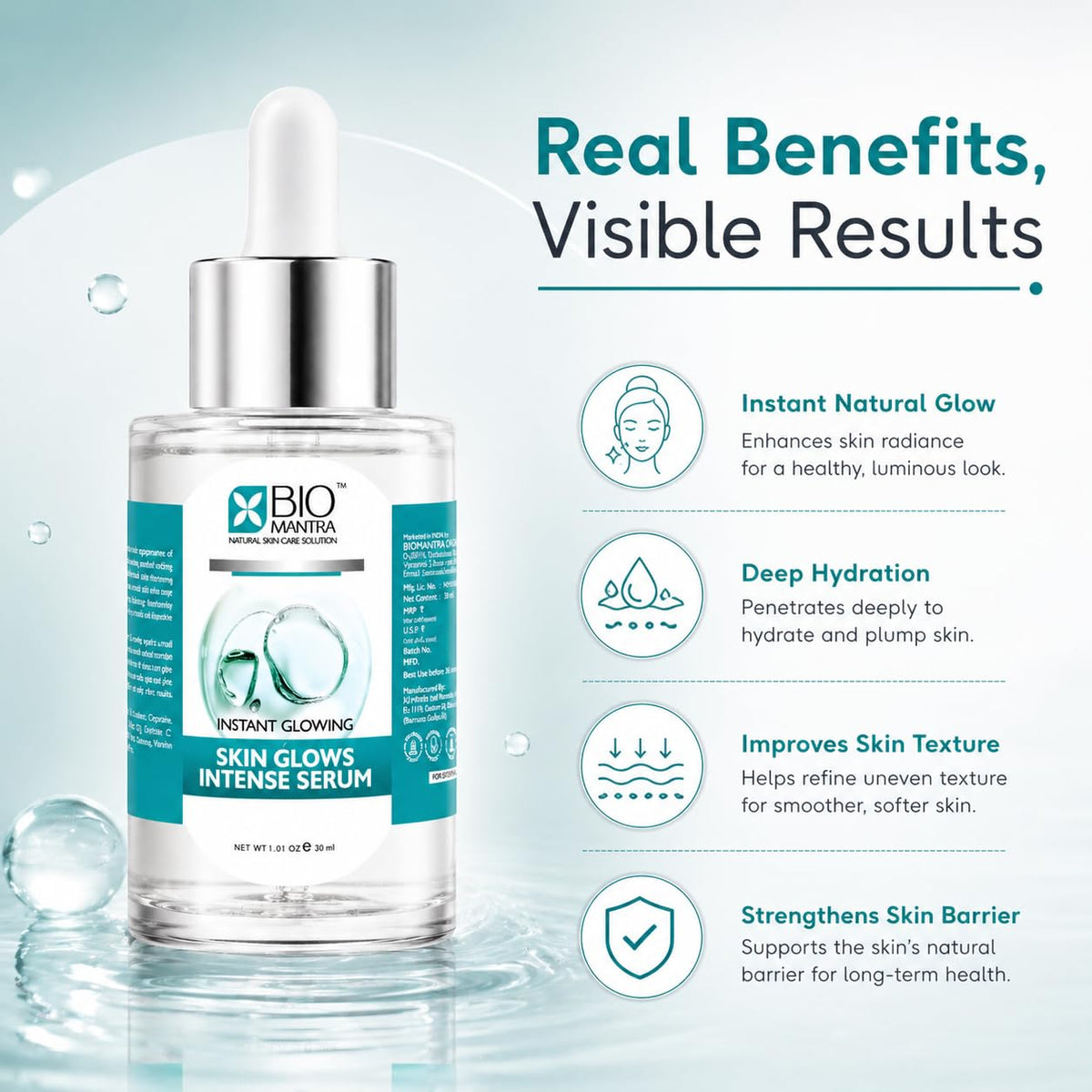 BIOMANTRA Face Serum For Glowing Skin - Skin Glow Face Serum With Vitamin C, Hyaluronic Acid & Vitamin B3 | Hydrating Brightening Serum For Pigmentation & Daily Skin Care 30ml