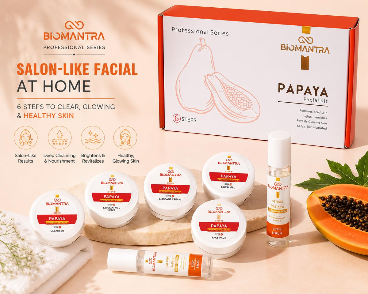 BIOMANTRA Papaya Facial Kit 500g | 6-Step Professional Tan Removal Facial for Deep Cleansing & Skin Brightening | Salon Quality Face Care | FREE 1000ml Stainless Steel Water Bottle (Worth ₹299) 500g