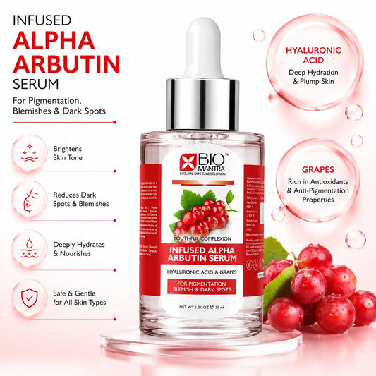 BIOMANTRA Alpha Arbutin Serum 30ml with Hyaluronic Acid & Aloe Vera | Skin Brightening Face Serum for Dark Spots, Pigmentation, Uneven Skin Tone & Hydration | Serum for Men & Women