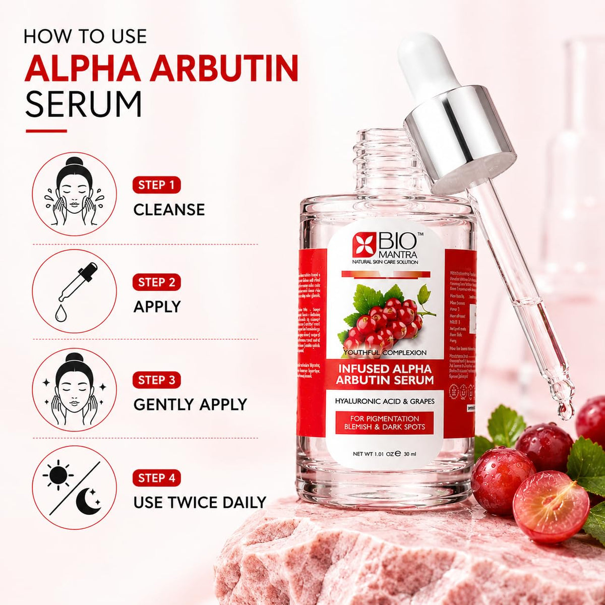 BIOMANTRA Alpha Arbutin Serum 30ml with Hyaluronic Acid & Aloe Vera | Skin Brightening Face Serum for Dark Spots, Pigmentation, Uneven Skin Tone & Hydration | Serum for Men & Women