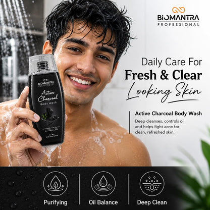 BIOMANTRA Active Charcoal Body Wash | Deep Cleansing & Oil Balancing Body Cleanser | Refreshing Daily Shower Gel for Healthy Looking Skin | Suitable for Oily Skin | 100ml