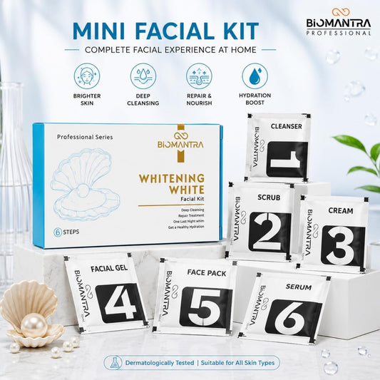BIOMANTRA Whitening White Facial Kit | 6 Step Mini Facial Kit for Bright & Glowing Skin | Cleanser, Scrub, Gel, Cream, Mask & Serum | Hydrating Skincare Kit for Women