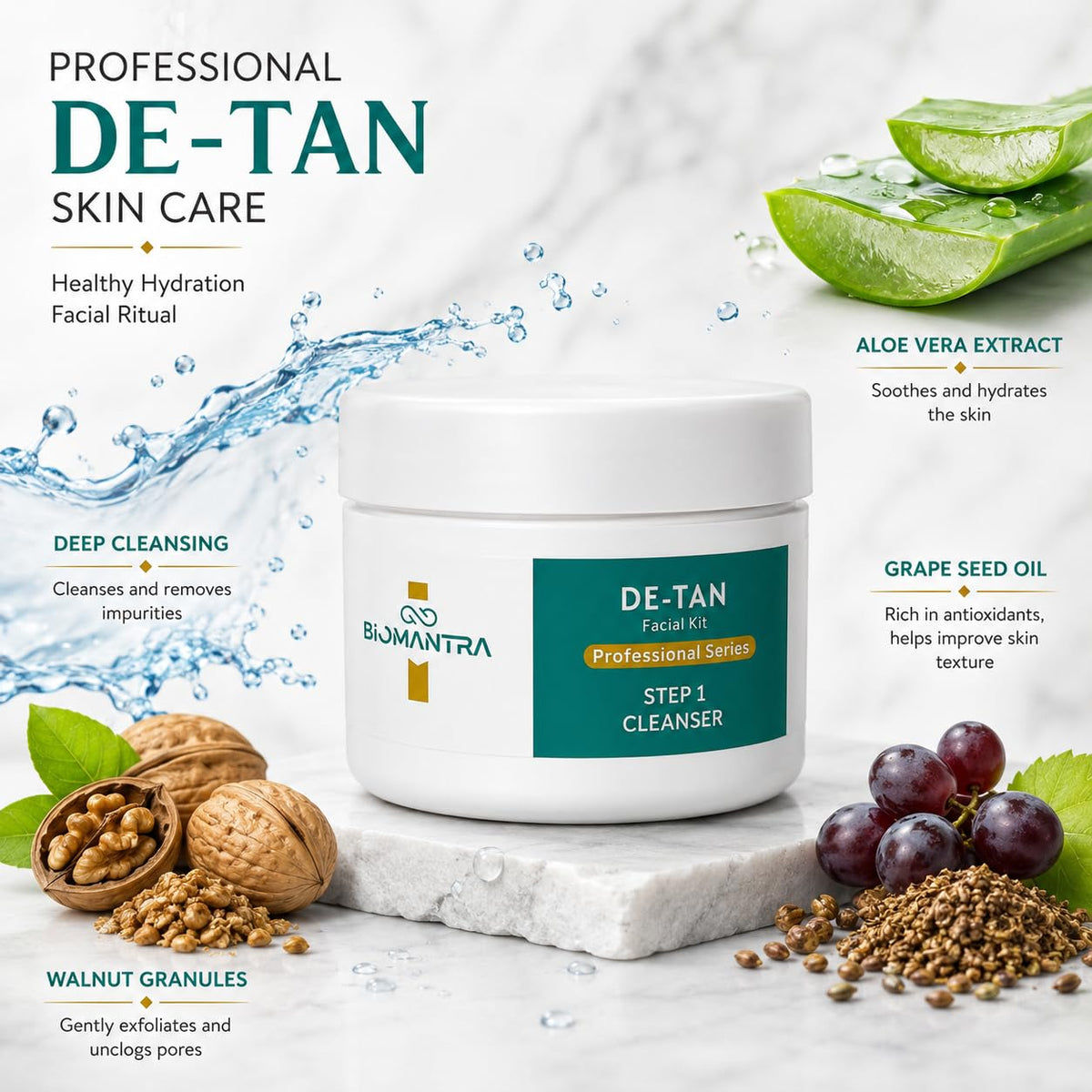 BIOMANTRA De-Tan Facial Kit 500g | 6-Step Professional Tan Removal Facial for Deep Cleansing & Skin Brightening | Salon Quality Face Care | FREE 1000ml Stainless Steel Water Bottle (Worth ₹299)