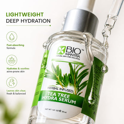 BIOMANTRA Tea Tree Hydra Serum for Acne & Pimples | Herbal Infused Face Serum with Tea Tree, Aloe Vera, Niacinamide & Hyaluronic Acid | Oil Control & Hydrating Skin Care for Men & Women | 30ml