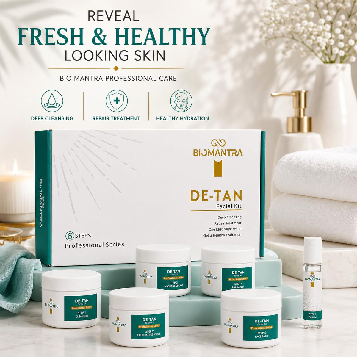 BIOMANTRA De-Tan Facial Kit 500g | 6-Step Professional Tan Removal Facial for Deep Cleansing & Skin Brightening | Salon Quality Face Care | FREE 1000ml Stainless Steel Water Bottle (Worth ₹299)