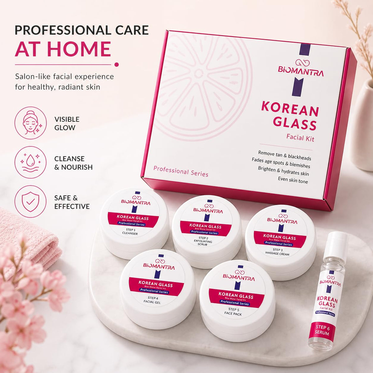 BIOMANTRA Korean Glass Facial Kit 500g | 6-Step Professional Tan Removal Facial for Deep Cleansing & Skin Brightening | Salon Quality Face Care | FREE 1000ml Stainless Steel Water Bottle (Worth ₹299)