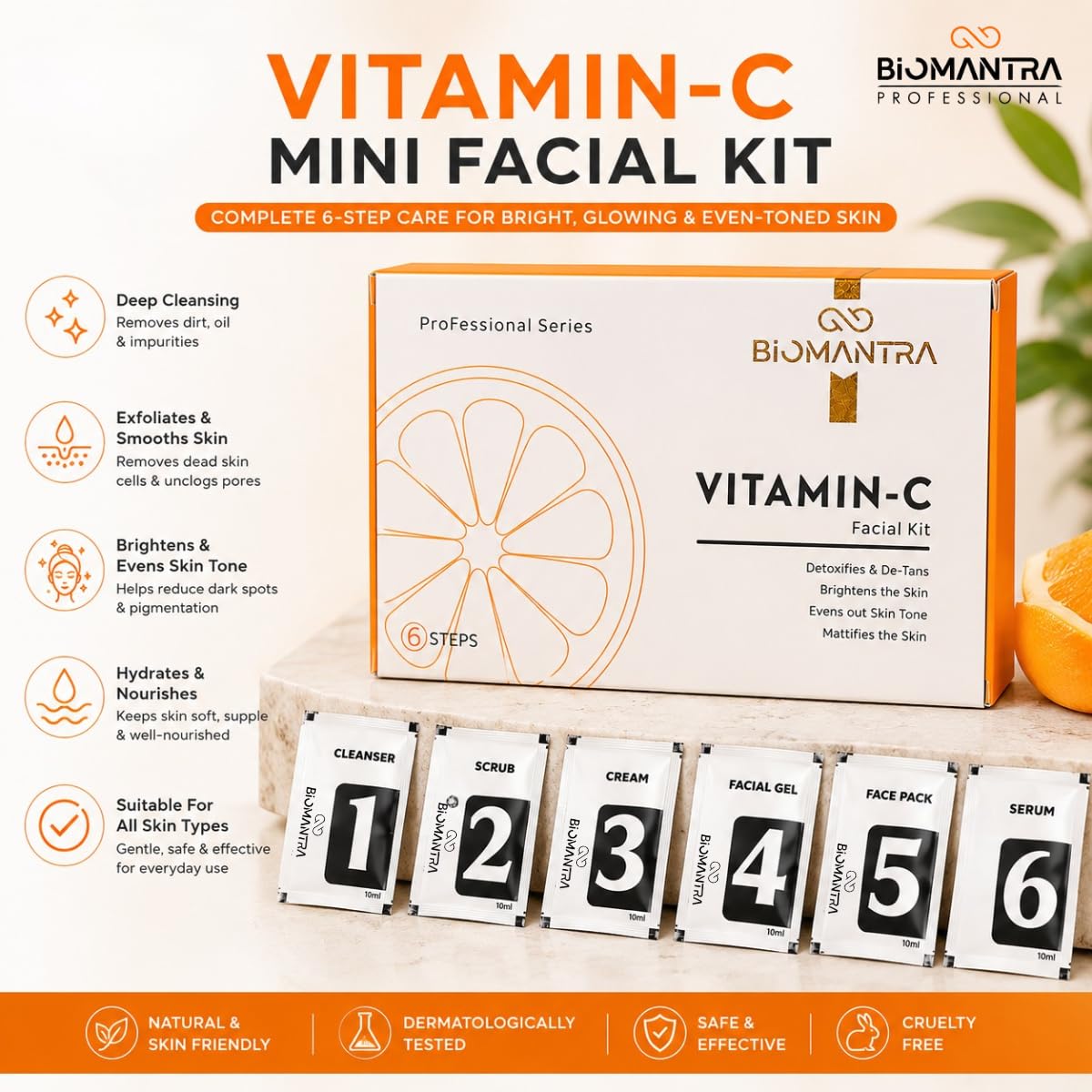 BIOMANTRA Vitamin C Facial Kit | 6 Step Mini Facial Kit for Bright & Glowing Skin | Cleanser, Scrub, Gel, Cream, Mask & Serum | Hydrating Skincare Kit for Women