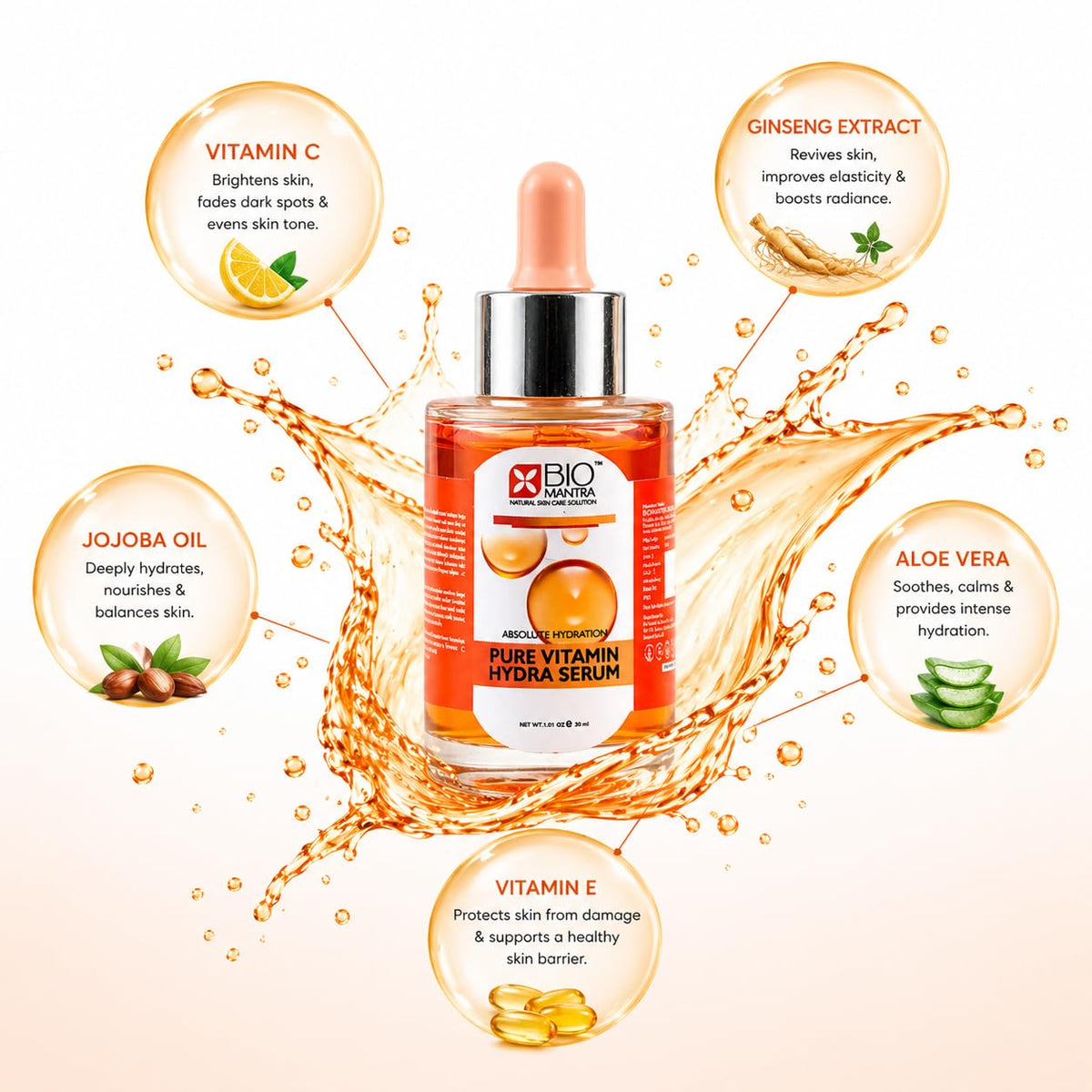 BIOMANTRA Vitamin C Face Serum for Skin Brightening & Dark Spot Removal | With Jojoba Oil, Ginseng & Hyaluronic Acid | For Glowing, Even Tone Skin | 30ml