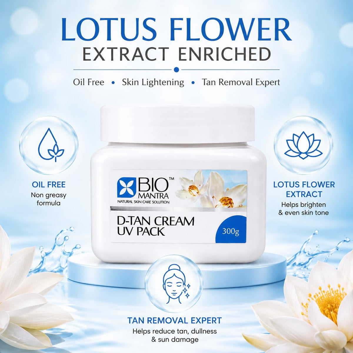 Bio Mantra D-Tan Pack Skin Lightening Cream UV Pack with Lotus Flower Extract for Glowing Skin | Oil Free Formula | Face & Neck De-Tan Cream for Men & Women | 300g