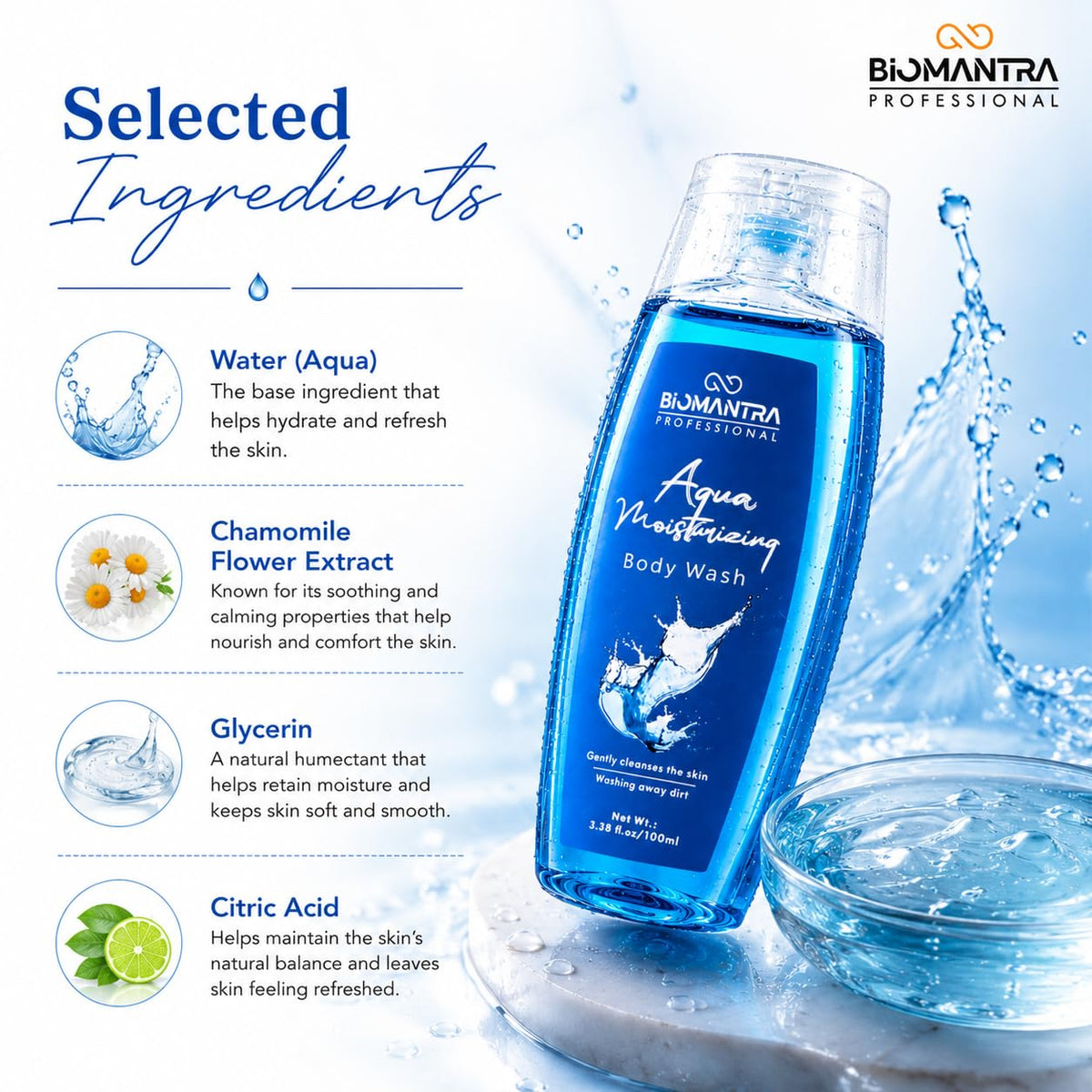 BIOMANTRA Aqua Body Wash Pack of 2 + 1 Free | Rejuvenating & Soothing Body Cleanser | Helps Improve Skin Texture | Moisturizing Daily Shower Gel for Soft & Healthy Looking Skin | 300ml (100 x 3)