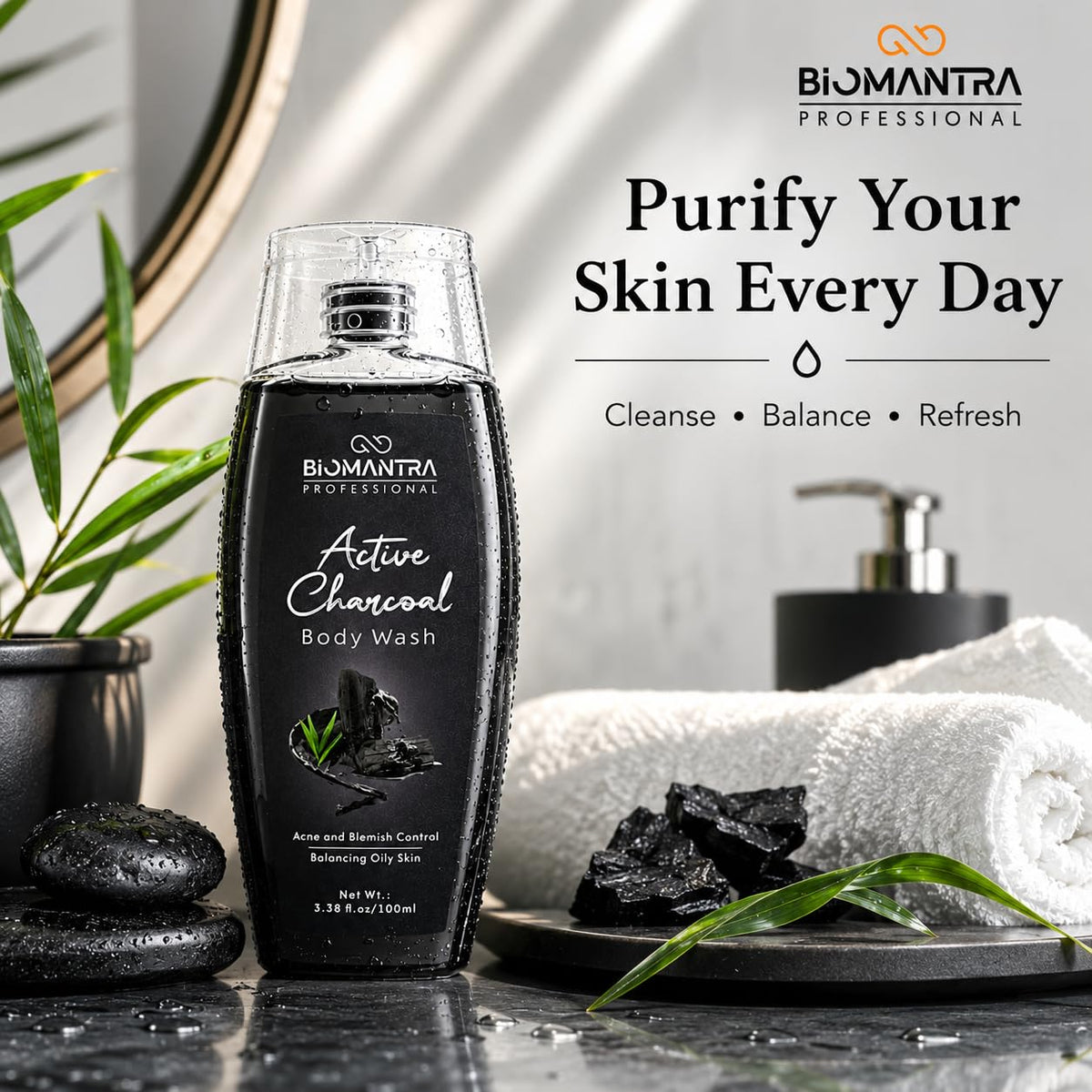 BIOMANTRA Active Charcoal Body Wash | Deep Cleansing & Oil Balancing Body Cleanser | Refreshing Daily Shower Gel for Healthy Looking Skin | Suitable for Oily Skin | 100ml