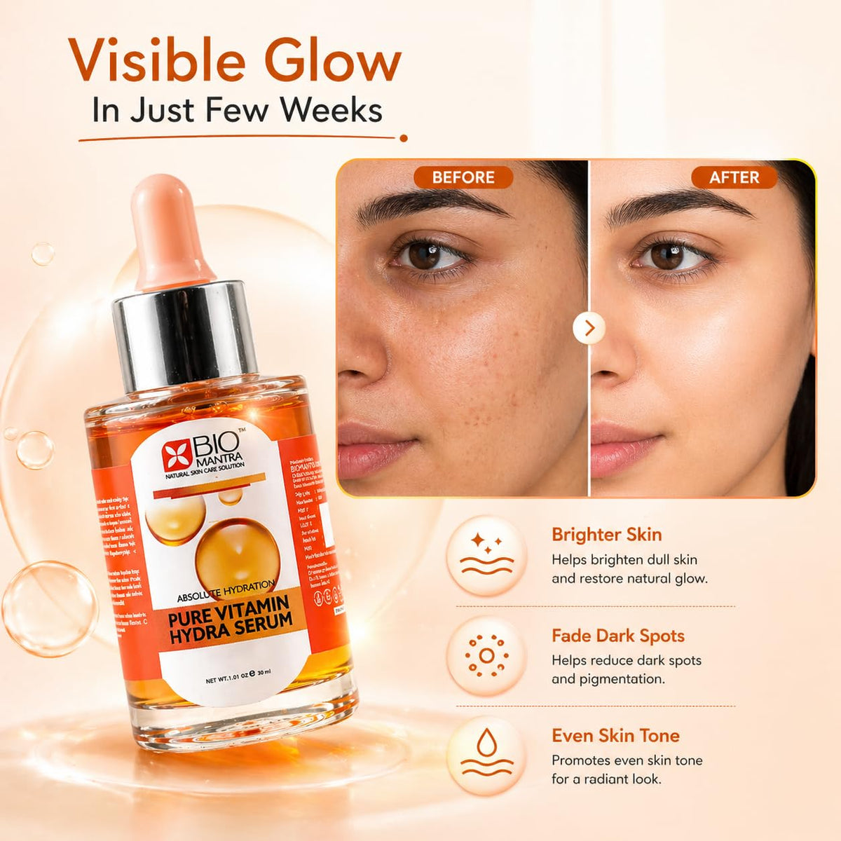 BIOMANTRA Vitamin C Face Serum for Skin Brightening & Dark Spot Removal | With Jojoba Oil, Ginseng & Hyaluronic Acid | For Glowing, Even Tone Skin | 30ml