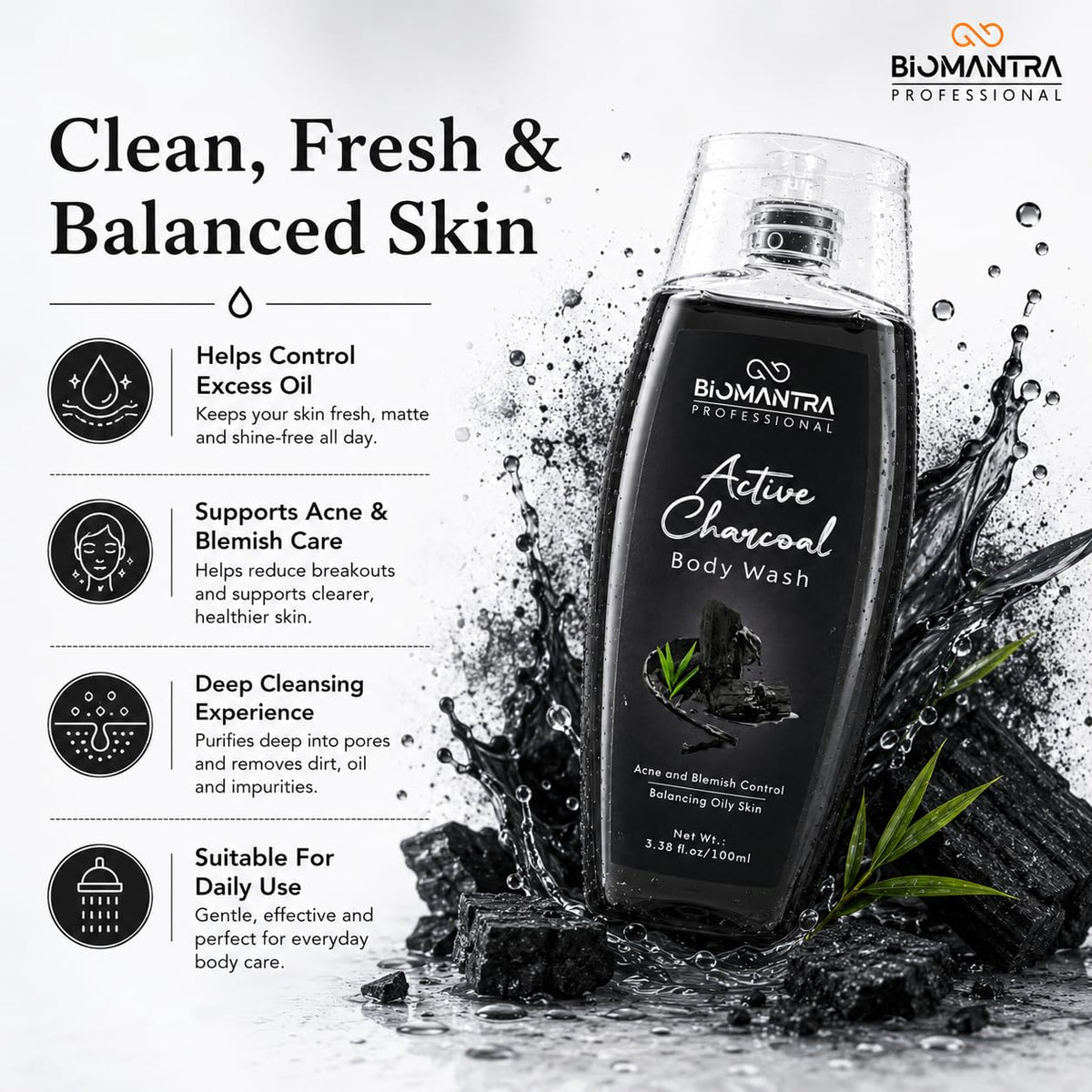 BIOMANTRA Active Charcoal Body Wash | Deep Cleansing & Oil Balancing Body Cleanser | Refreshing Daily Shower Gel for Healthy Looking Skin | Suitable for Oily Skin | 100ml