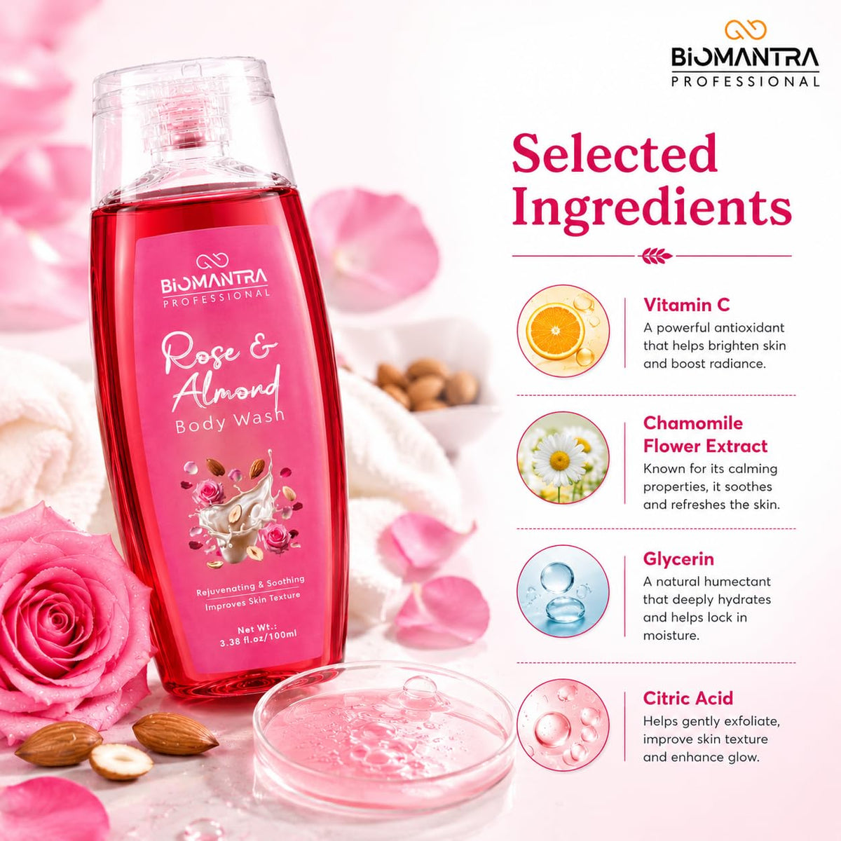 BIOMANTRA Rose & Almond Body Wash Pack of 2 + 1 Free | Rejuvenating & Soothing Body Cleanser | Helps Improve Skin Texture | Moisturizing Daily Shower Gel for Soft & Healthy Looking Skin | 300ml ( 100 x 3 )