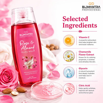 BIOMANTRA Rose & Almond Body Wash Pack of 2 + 1 Free | Rejuvenating & Soothing Body Cleanser | Helps Improve Skin Texture | Moisturizing Daily Shower Gel for Soft & Healthy Looking Skin | 300ml ( 100 x 3 )
