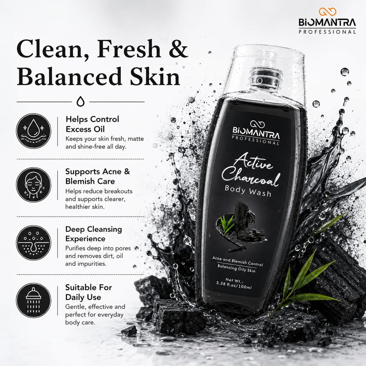 Body Wash Combo Pack of 4 | Charcoal, Rose, Lavender & Vitamin C | Daily Cleansing & Refreshing Shower Gel | Suitable for All Skin Types | 100ml Each (Pack of 4)