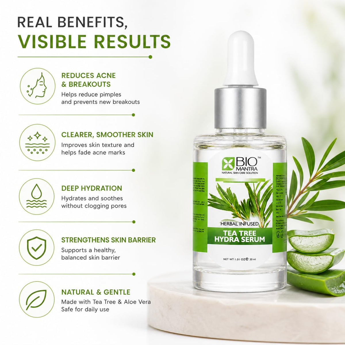 BIOMANTRA Tea Tree Hydra Serum for Acne & Pimples | Herbal Infused Face Serum with Tea Tree, Aloe Vera, Niacinamide & Hyaluronic Acid | Oil Control & Hydrating Skin Care for Men & Women | 30ml