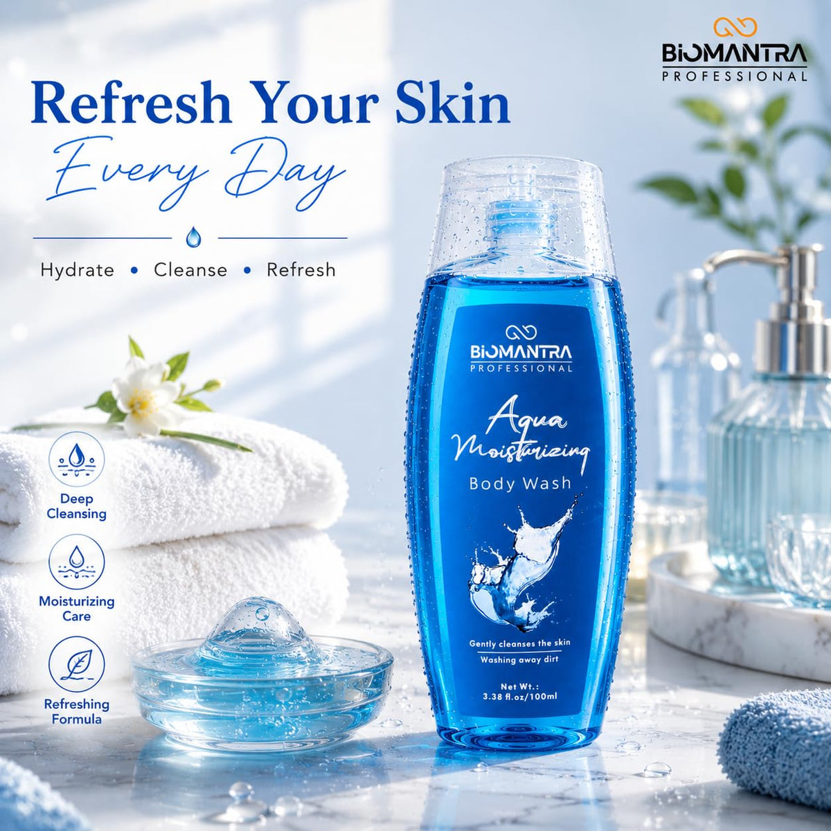 BIOMANTRA Aqua Body Wash Pack of 2 + 1 Free | Rejuvenating & Soothing Body Cleanser | Helps Improve Skin Texture | Moisturizing Daily Shower Gel for Soft & Healthy Looking Skin | 300ml (100 x 3)