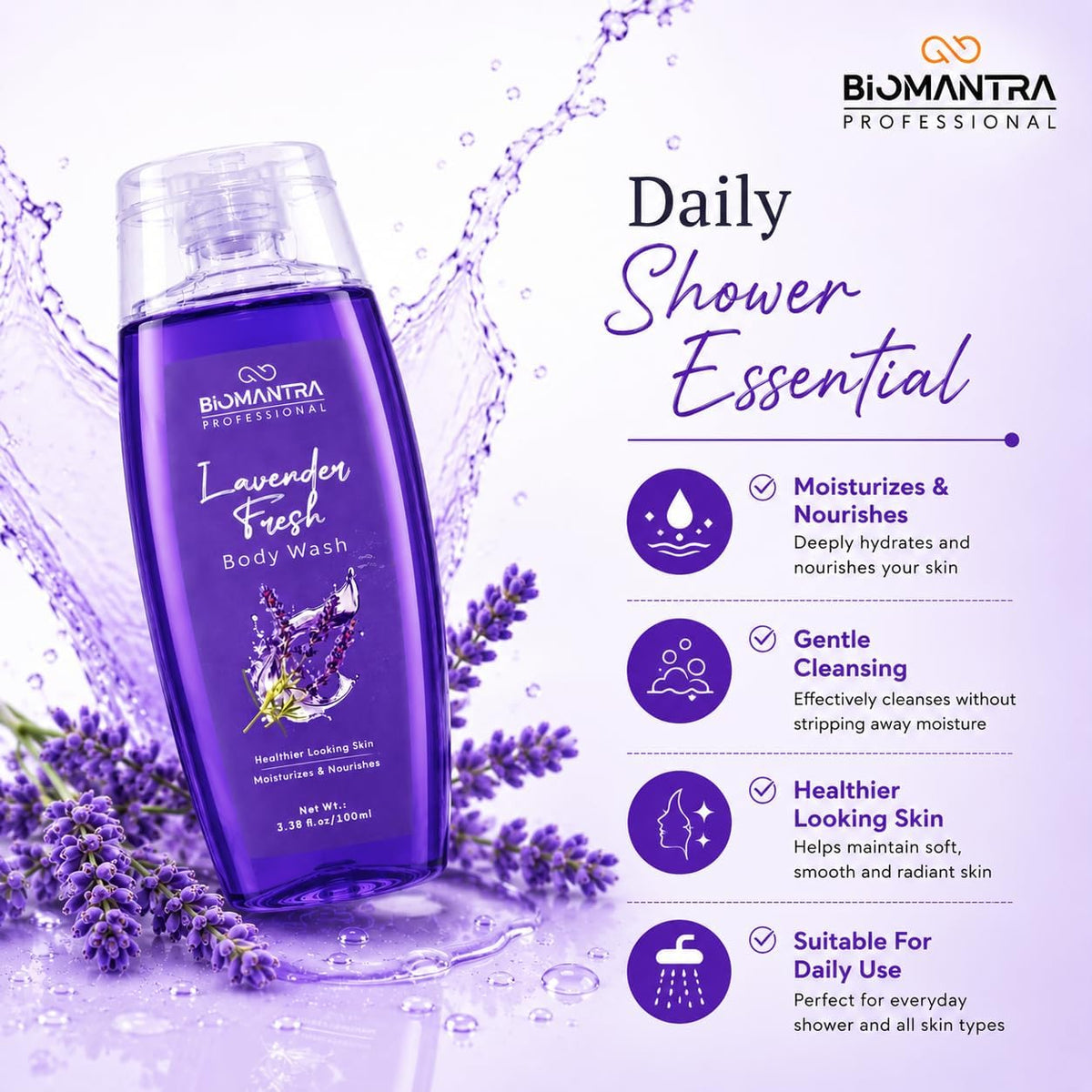 Body Wash Combo Pack of 4 | Charcoal, Rose, Lavender & Vitamin C | Daily Cleansing & Refreshing Shower Gel | Suitable for All Skin Types | 100ml Each (Pack of 4)