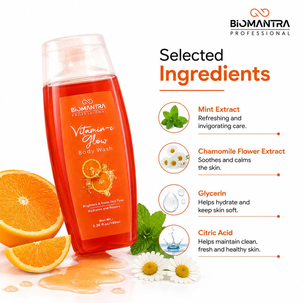 Biomantra Professional Vitamin C Glow Body Wash | Cleanses, Hydrates & Refreshes Skin | Helps Improve Skin Radiance | Citrus Fragrance | Daily Use Body Cleanser | 100ml