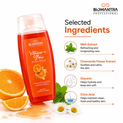 Biomantra Professional Vitamin C Glow Body Wash | Cleanses, Hydrates & Refreshes Skin | Helps Improve Skin Radiance | Citrus Fragrance | Daily Use Body Cleanser | 100ml