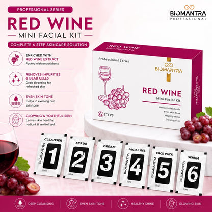 BIOMANTRA Mini Red Wine Facial Kit | 6 Step Mini Facial Kit for Glowing & Hydrated Skin | Cleanser, Scrub, Gel, Cream, Mask & Serum | Antioxidant Rich Skincare Kit for Women