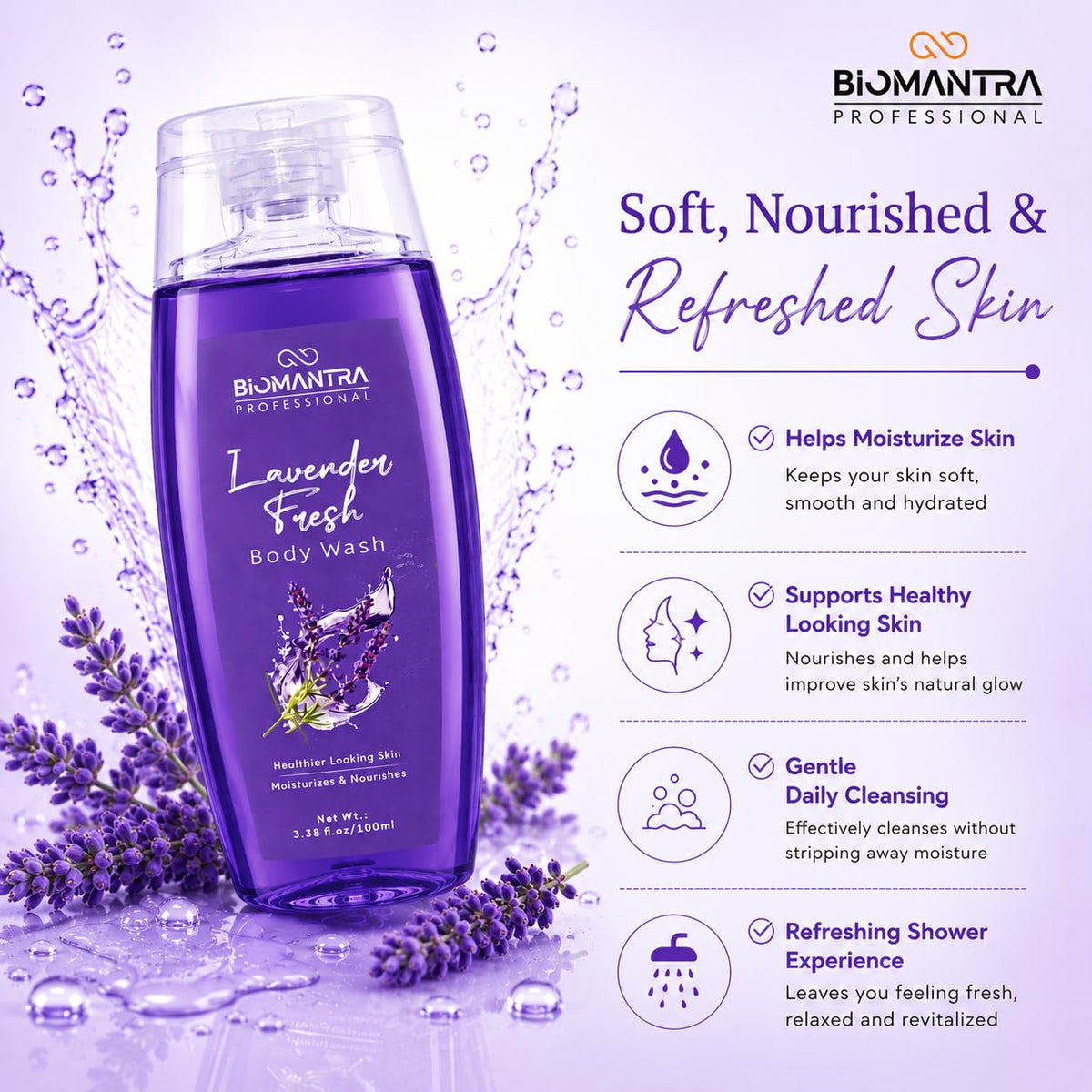BIOMANTRA Lavender Body Wash Pack of 2 + 1 Free | Rejuvenating & Soothing Body Cleanser | Helps Improve Skin Texture | Moisturizing Daily Shower Gel for Soft & Healthy Looking Skin | 300ml (100 x 3)