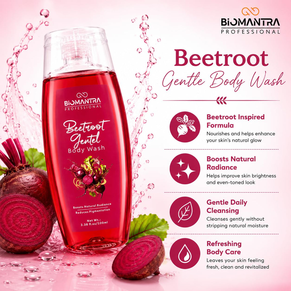 BIOMANTRA Professional Beetroot Gentle Body Wash | Refreshing & Moisturizing Body Cleanser for Healthy Looking Skin | Helps Improve Skin Radiance | Daily Use Shower Gel | 100ml