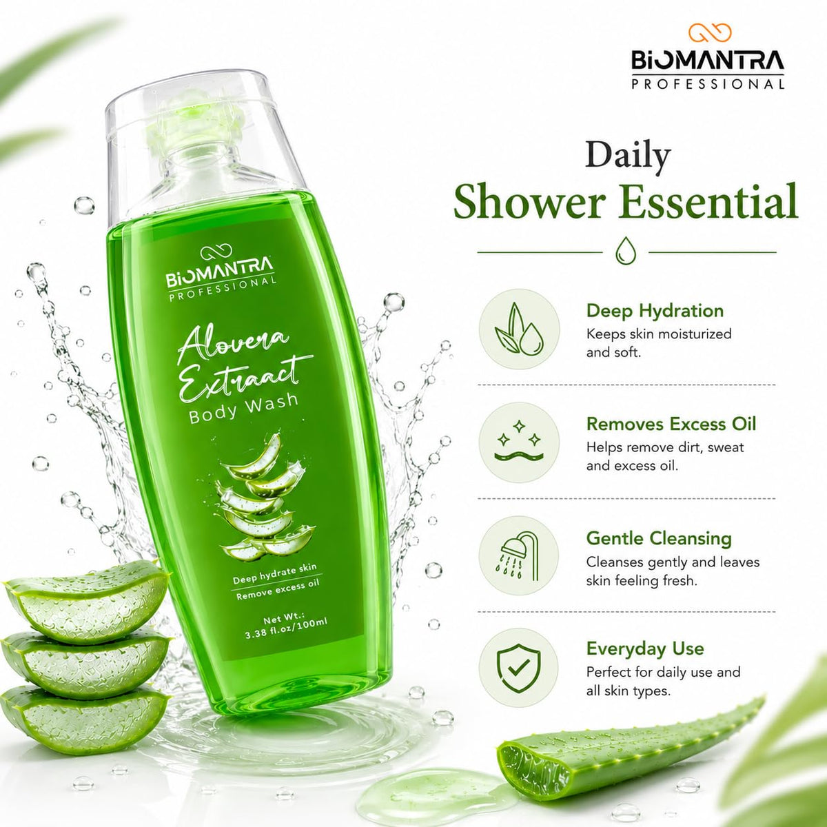 BIOMANTRA Aloe Vera Body Wash Pack of 2 + 1 Free | Rejuvenating & Soothing Body Cleanser | Helps Improve Skin Texture | Moisturizing Daily Shower Gel for Soft & Healthy Looking Skin | 300ml (100 x 3)