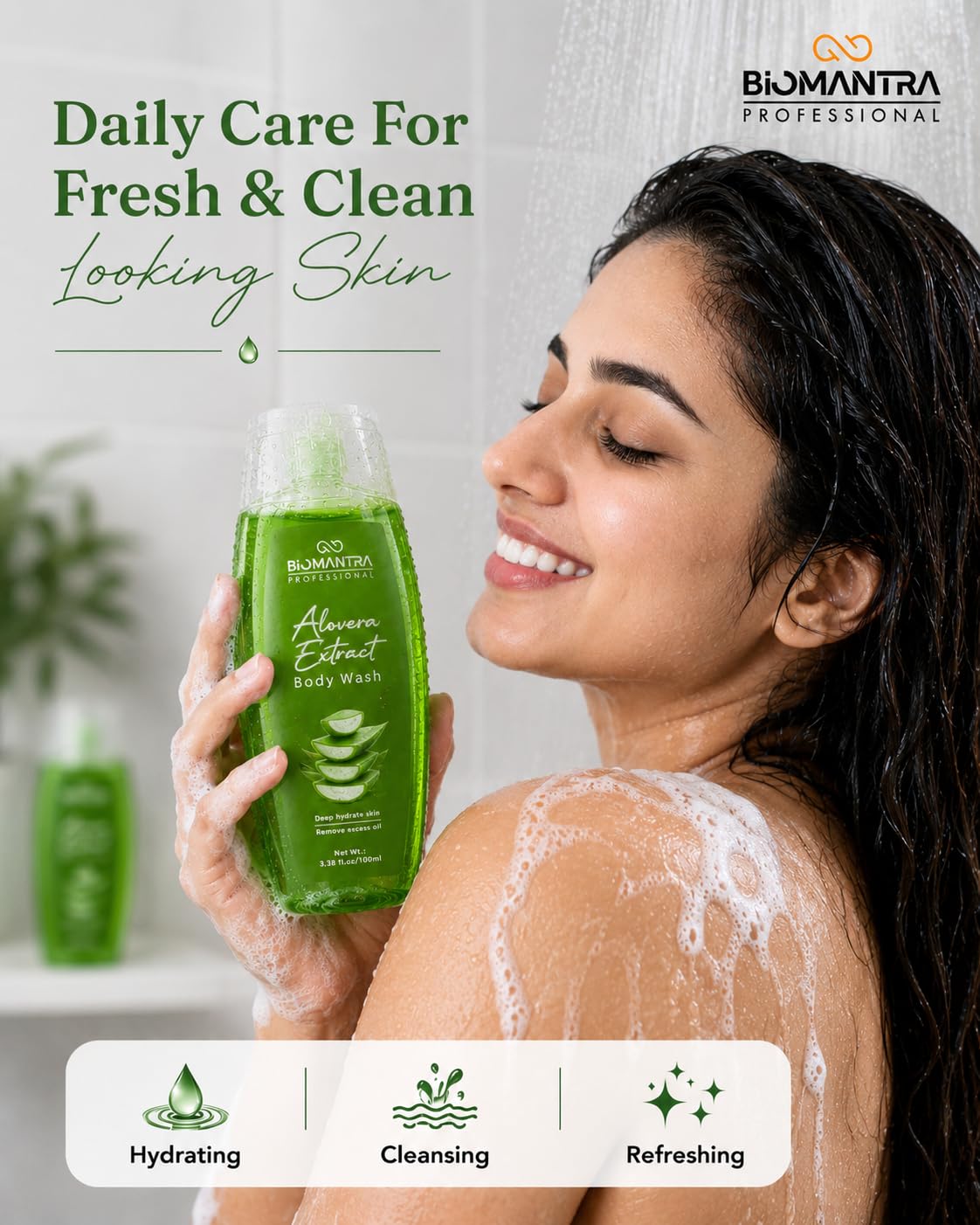 BIOMANTRA Aloe Vera Body Wash Pack of 2 + 1 Free | Rejuvenating & Soothing Body Cleanser | Helps Improve Skin Texture | Moisturizing Daily Shower Gel for Soft & Healthy Looking Skin | 300ml (100 x 3)