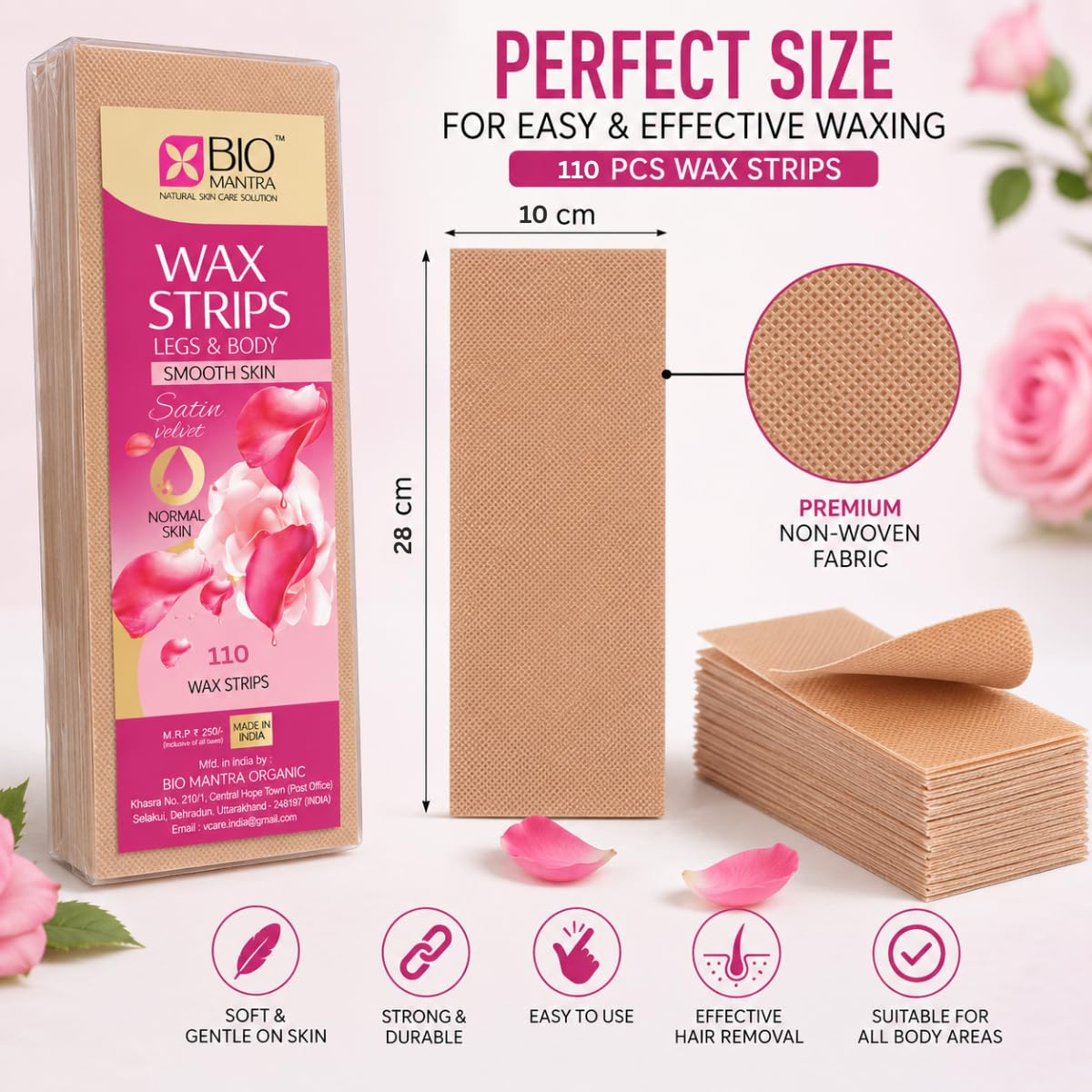BIOMANTRA Non-Woven Wax Strips for Hair Removal | 110 PCS Reusable Waxing Paper Strips for Legs, Arms, Underarms & Body | Soft & Strong Fabric
