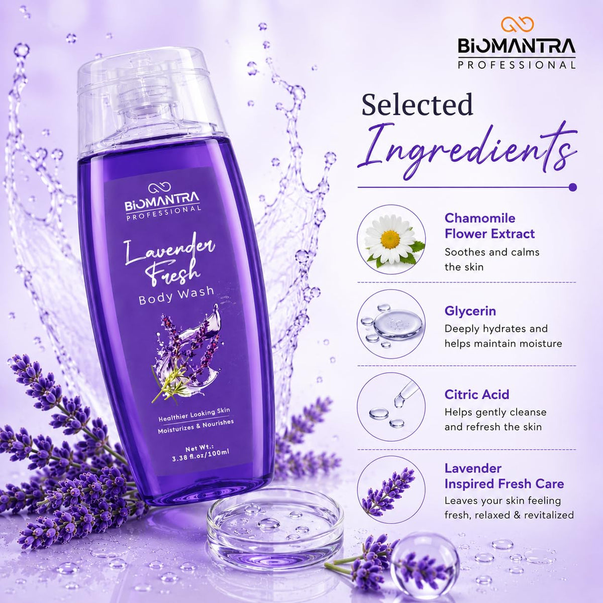 BIOMANTRA Lavender Body Wash Pack of 2 + 1 Free | Rejuvenating & Soothing Body Cleanser | Helps Improve Skin Texture | Moisturizing Daily Shower Gel for Soft & Healthy Looking Skin | 300ml (100 x 3)