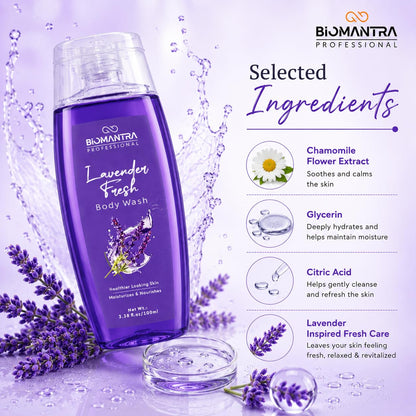 BIOMANTRA Professional Lavender Fresh Body Wash | Moisturizing & Nourishing Shower Gel for Soft, Healthy Looking Skin | Refreshing Lavender Fragrance | Daily Use Body Cleanser | 100ml