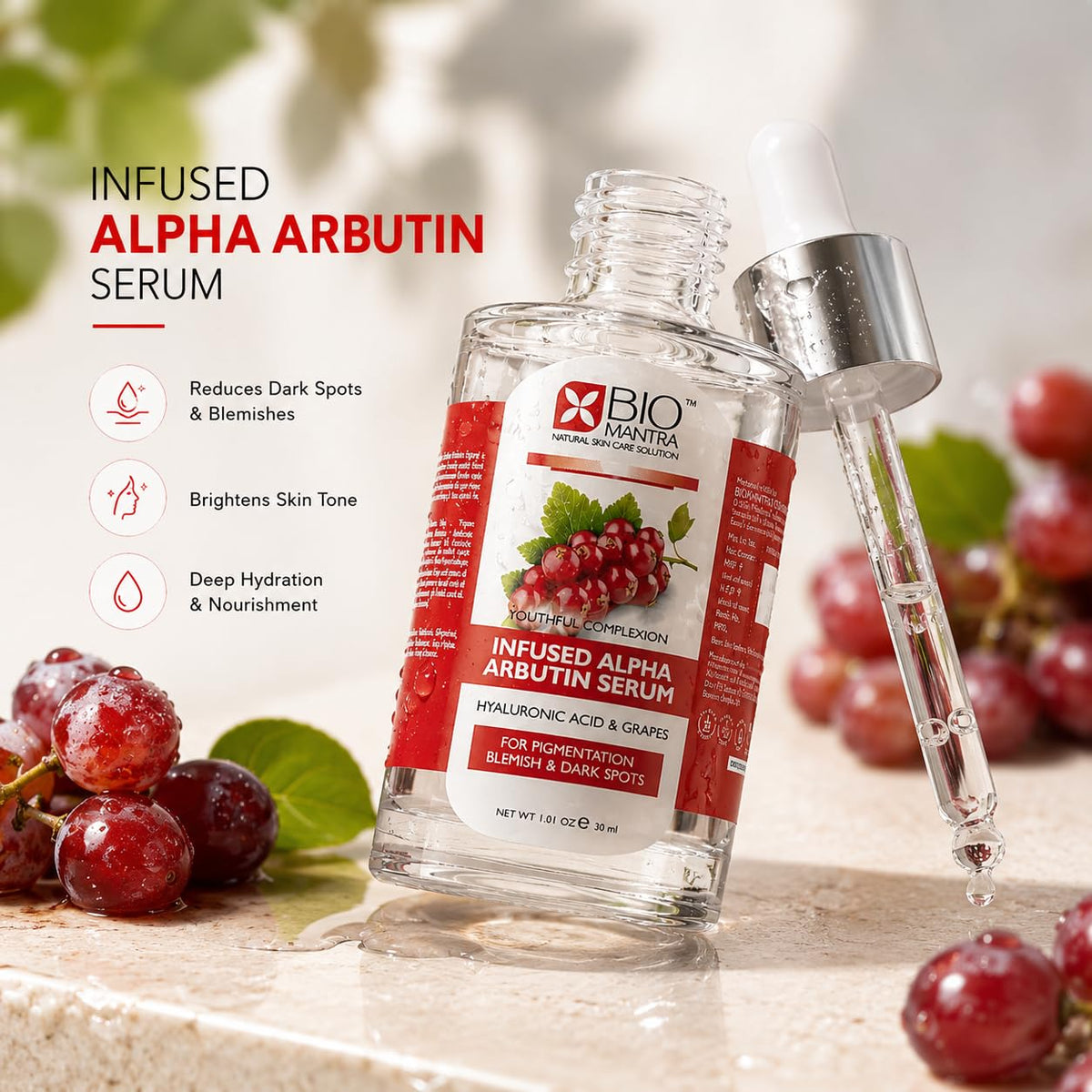 BIOMANTRA Alpha Arbutin Serum 30ml with Hyaluronic Acid & Aloe Vera | Skin Brightening Face Serum for Dark Spots, Pigmentation, Uneven Skin Tone & Hydration | Serum for Men & Women