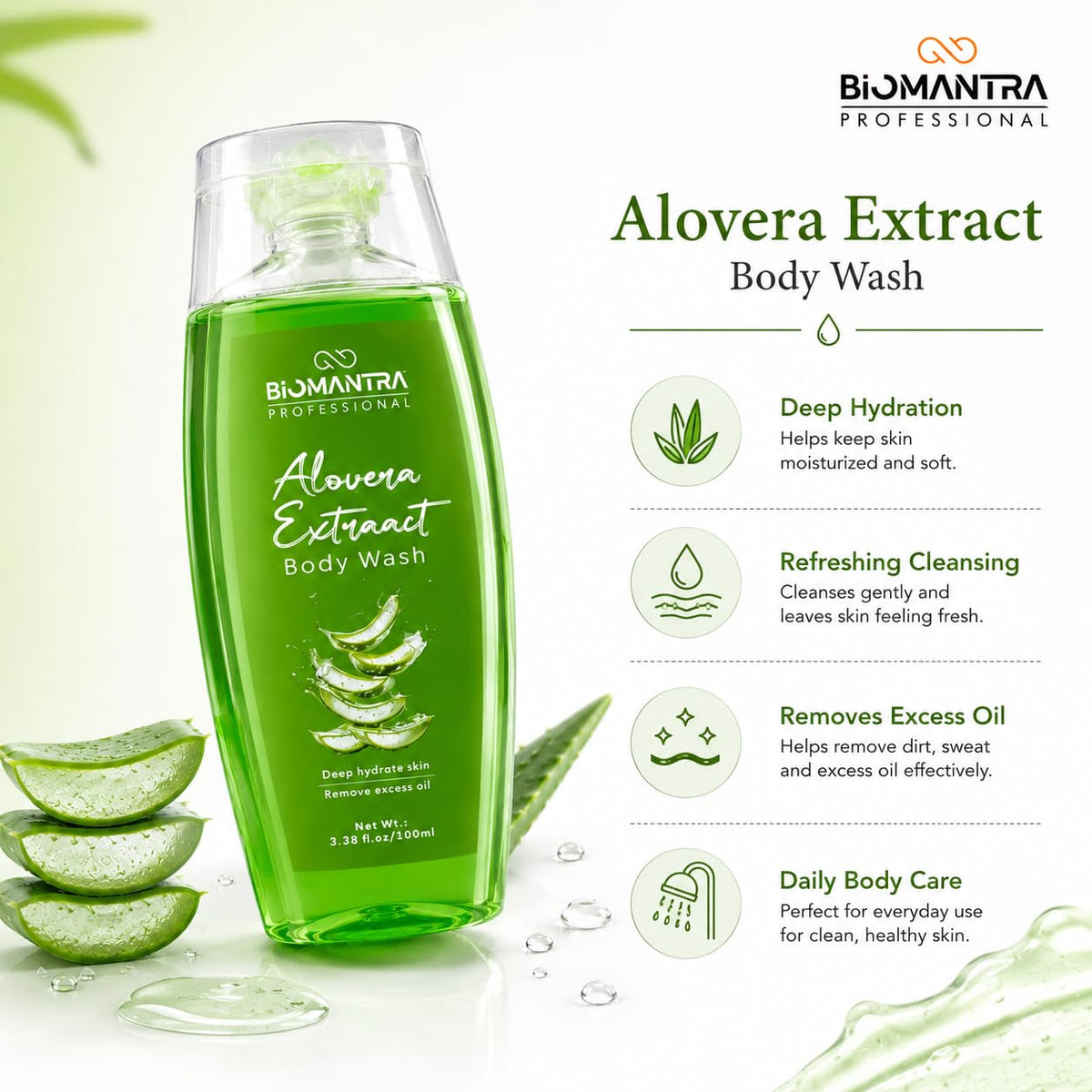 BIOMANTRA Aloe Vera Body Wash Pack of 2 + 1 Free | Rejuvenating & Soothing Body Cleanser | Helps Improve Skin Texture | Moisturizing Daily Shower Gel for Soft & Healthy Looking Skin | 300ml (100 x 3)