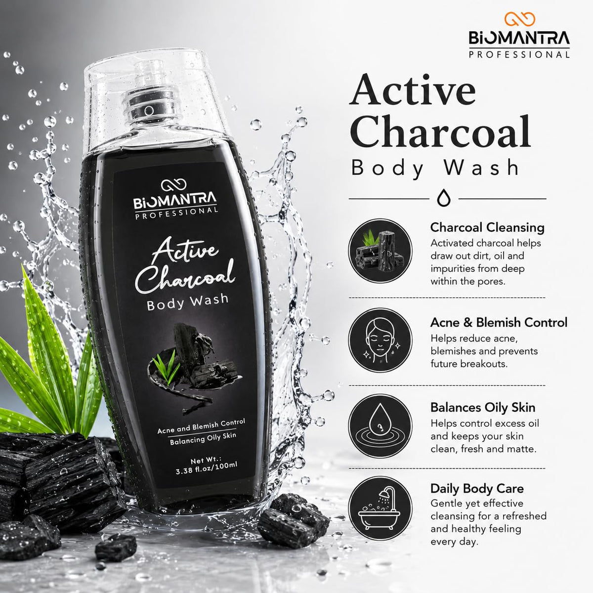 BIOMANTRA Active Charcoal Body Wash | Deep Cleansing & Oil Balancing Body Cleanser | Refreshing Daily Shower Gel for Healthy Looking Skin | Suitable for Oily Skin | 100ml