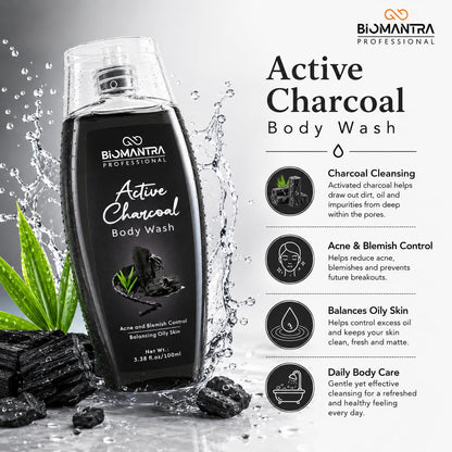 BIOMANTRA Active Charcoal Body Wash | Deep Cleansing & Oil Balancing Body Cleanser | Refreshing Daily Shower Gel for Healthy Looking Skin | Suitable for Oily Skin | 100ml