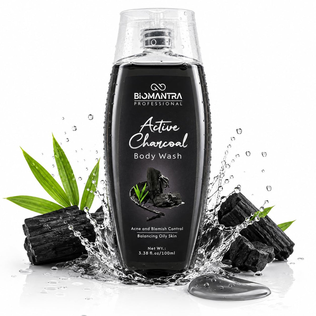 BIOMANTRA Active Charcoal Body Wash | Deep Cleansing & Oil Balancing Body Cleanser | Refreshing Daily Shower Gel for Healthy Looking Skin | Suitable for Oily Skin | 100ml