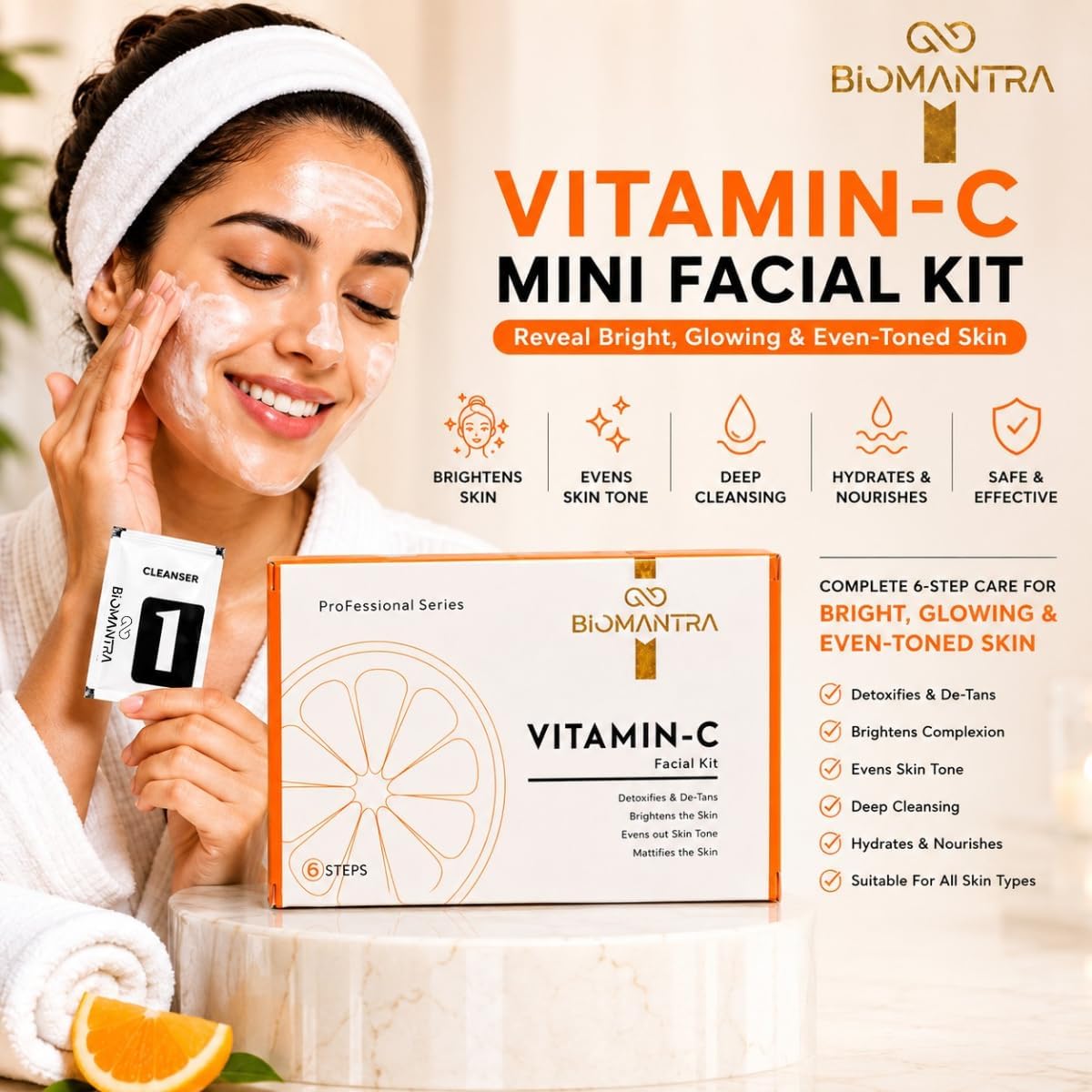 BIOMANTRA Facial Kit Combo | 6 Step Mini Facial Kit for Glowing & Hydrated Skin | Cleanser, Scrub, Gel, Cream, Mask & Serum | Skincare Kit for Women | All Skin Types (Vitamin C & Hydra shine)