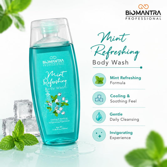 Biomantra Professional Mint Refreshing Body Wash | Cooling & Soothing Formula | Cleanses, Hydrates & Refreshes Skin | Mint Extract & Sweet Almond Oil | Daily Use Body Cleanser | 100ml