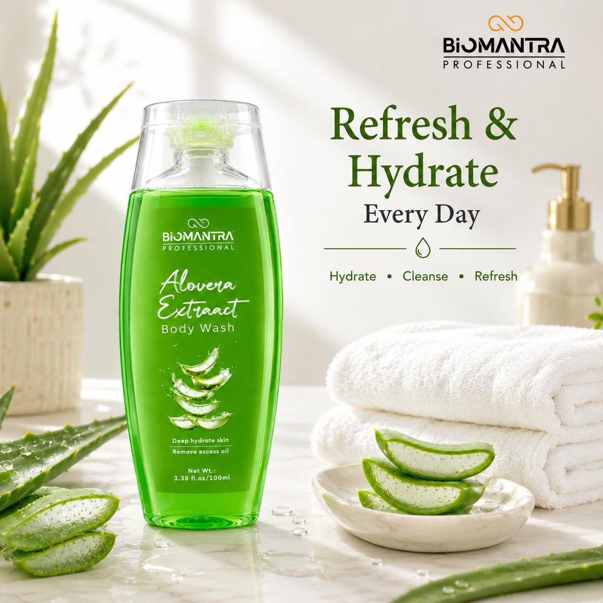 BIOMANTRA Aloe Vera Body Wash Pack of 2 + 1 Free | Rejuvenating & Soothing Body Cleanser | Helps Improve Skin Texture | Moisturizing Daily Shower Gel for Soft & Healthy Looking Skin | 300ml (100 x 3)