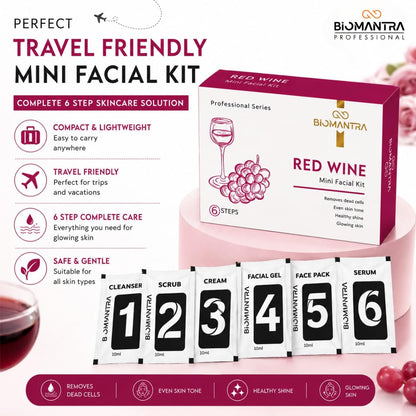 BIOMANTRA Mini Red Wine Facial Kit | 6 Step Mini Facial Kit for Glowing & Hydrated Skin | Cleanser, Scrub, Gel, Cream, Mask & Serum | Antioxidant Rich Skincare Kit for Women
