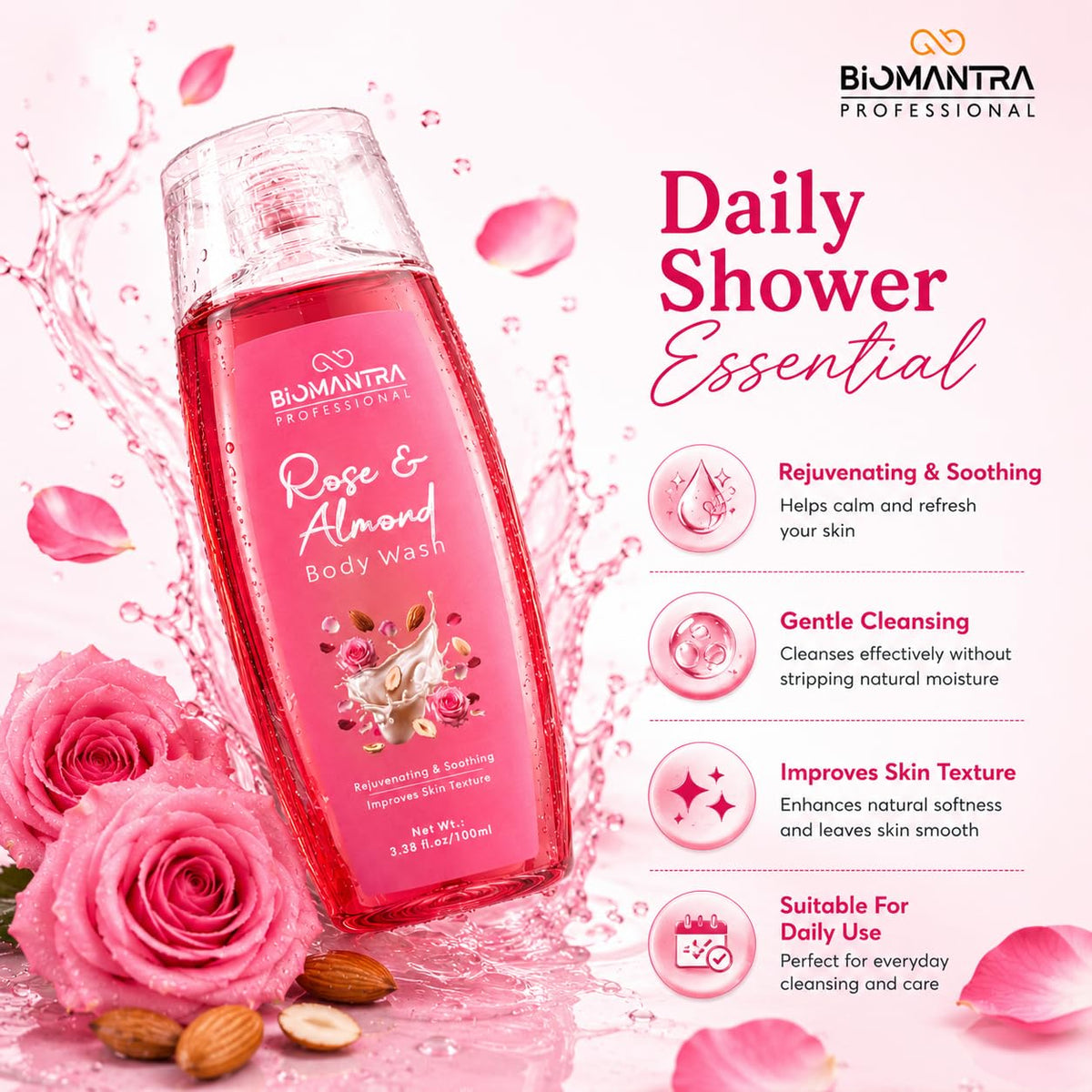 BIOMANTRA Rose & Almond Body Wash Pack of 2 + 1 Free | Rejuvenating & Soothing Body Cleanser | Helps Improve Skin Texture | Moisturizing Daily Shower Gel for Soft & Healthy Looking Skin | 300ml ( 100 x 3 )