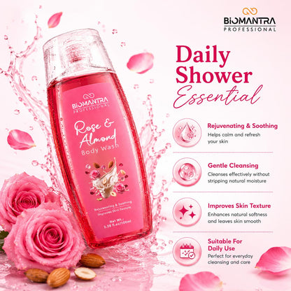 BIOMANTRA Rose & Almond Body Wash Pack of 2 + 1 Free | Rejuvenating & Soothing Body Cleanser | Helps Improve Skin Texture | Moisturizing Daily Shower Gel for Soft & Healthy Looking Skin | 300ml ( 100 x 3 )