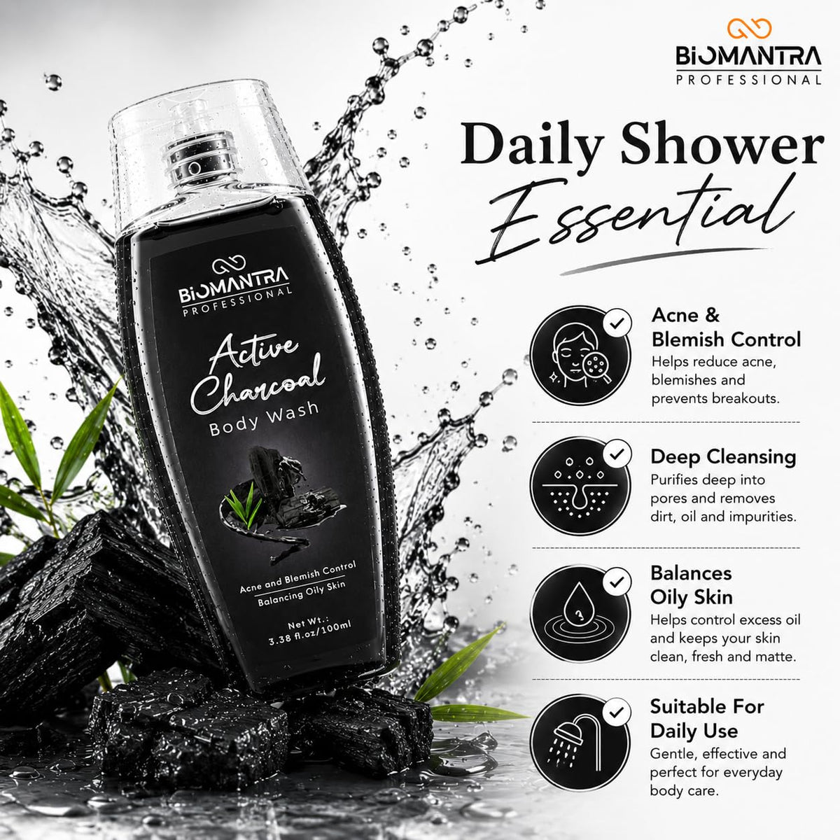BIOMANTRA Active Charcoal Body Wash | Deep Cleansing & Oil Balancing Body Cleanser | Refreshing Daily Shower Gel for Healthy Looking Skin | Suitable for Oily Skin | 100ml