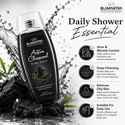 BIOMANTRA Active Charcoal Body Wash | Deep Cleansing & Oil Balancing Body Cleanser | Refreshing Daily Shower Gel for Healthy Looking Skin | Suitable for Oily Skin | 100ml